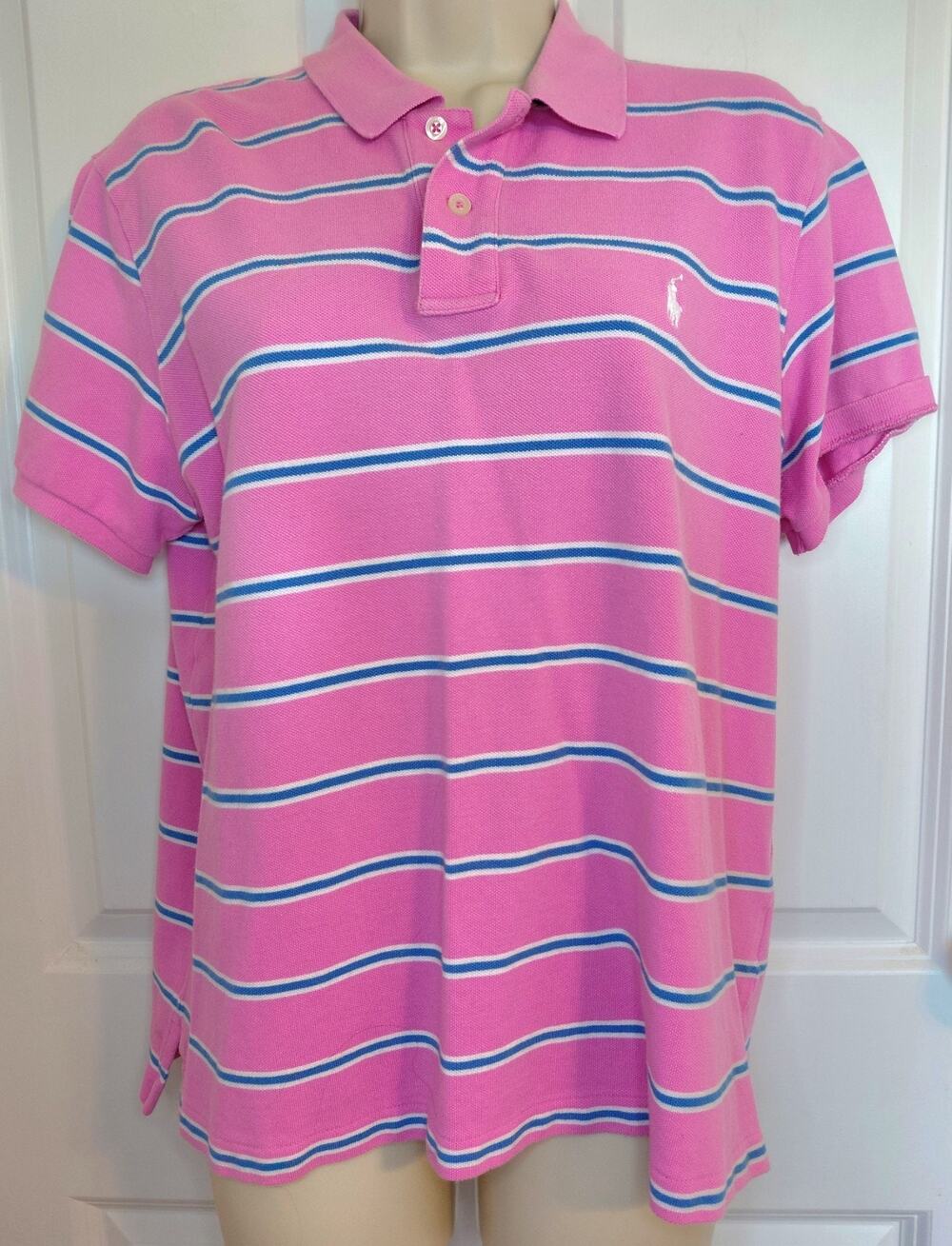 Ralph Lauren Sport Women's Classic Fit Polo Shirt XL Pink Striped White Pony